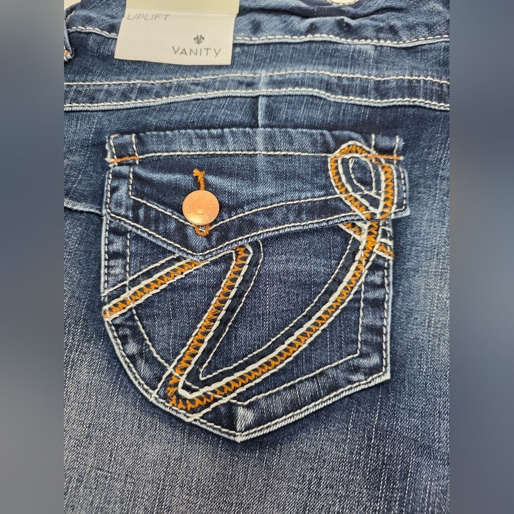 Vanity Uplift Orange Stitch Flare Blue Jeans 33x33 Mid-rise Women's NWT - Picture 12 of 15